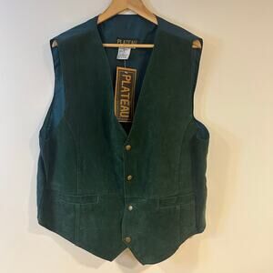 Vintage PLATEAU Sz XXL Men’s Green Leather Vest 4 Snap Adjustable Back NWT